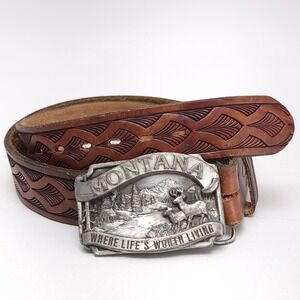 1983 Siskiyou Belt‎ Buckle Montana Elk Deer Hunting Tooled Leather Size 34-36